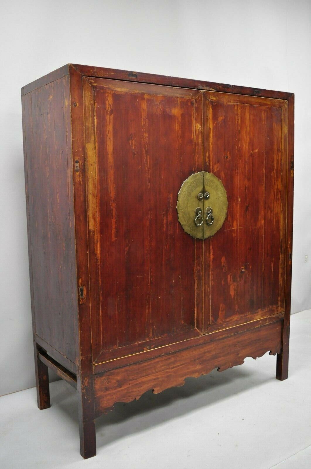 Antique Asian Red Lacquer Oriental Chinese Marriage Wedding Cabinet Wardrobe