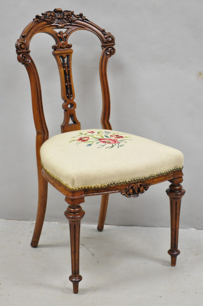 Antique Victorian Carved Walnut French Tapestry Parlor Side Chairs - Set of 4