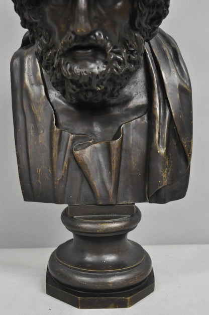 Vintage Greek Classical Style Patinated Cast Bronze Bust Sculpture of Homer