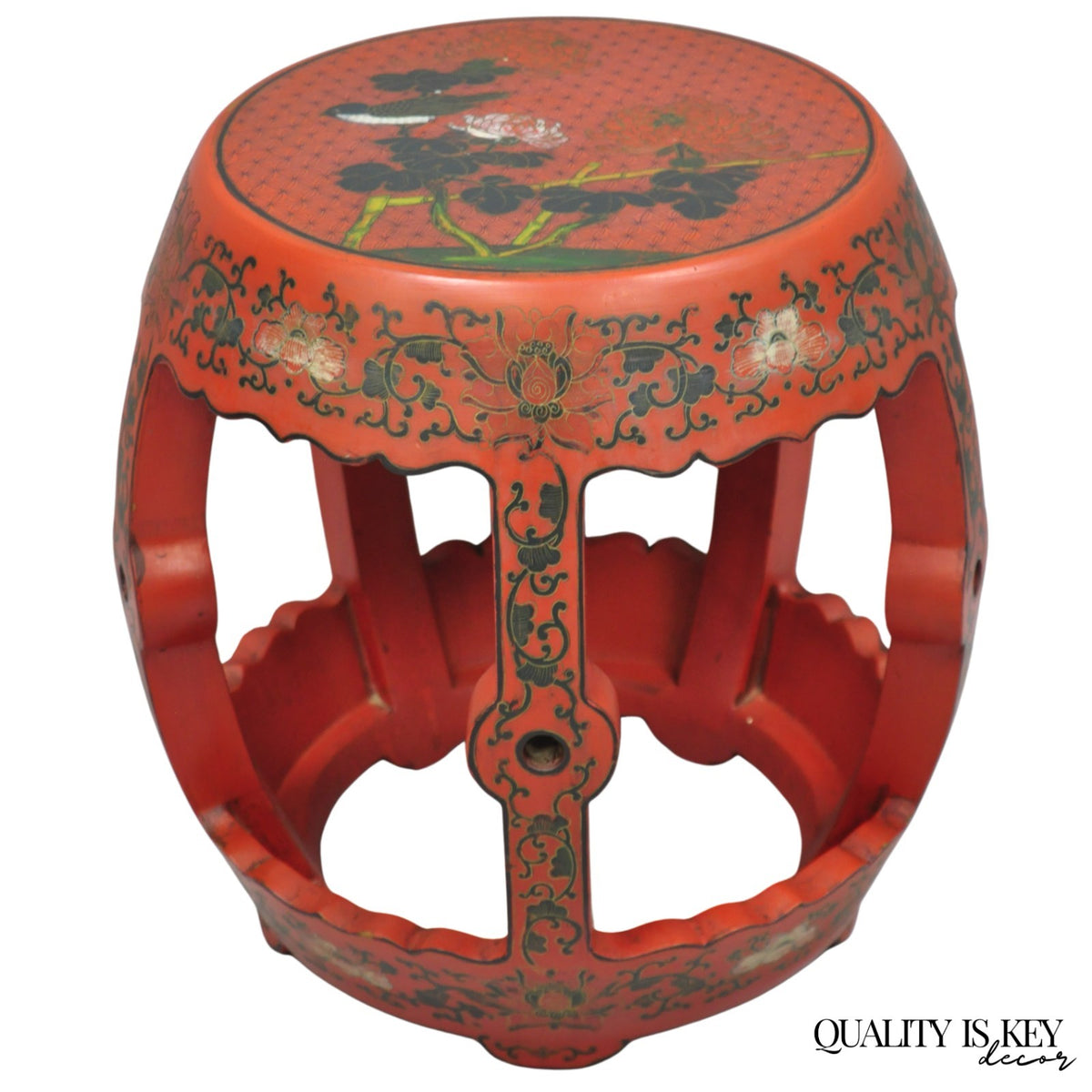 Vintage Chinoiserie Red Lacquer Plant Stand Garden Stool Drum Side Table (B)