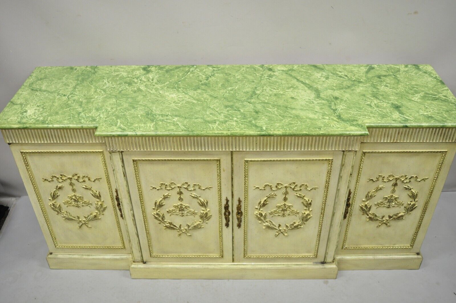 Vintage Italian Neoclassical Buffet Sideboard Credenza Green Faux Marble Top