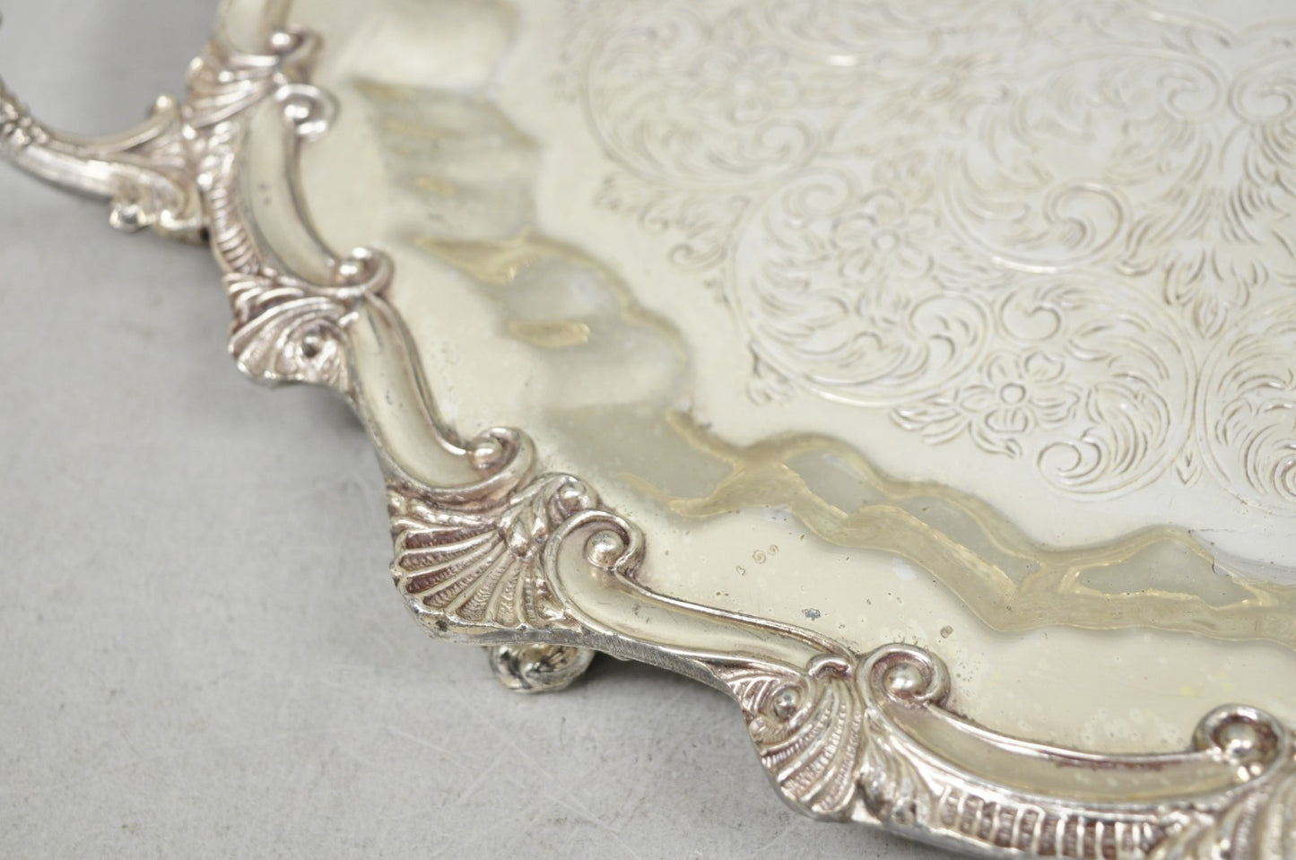 Vintage Victorian Silver Plated Round Scalloped Twin Handle Bar Serving Tray
