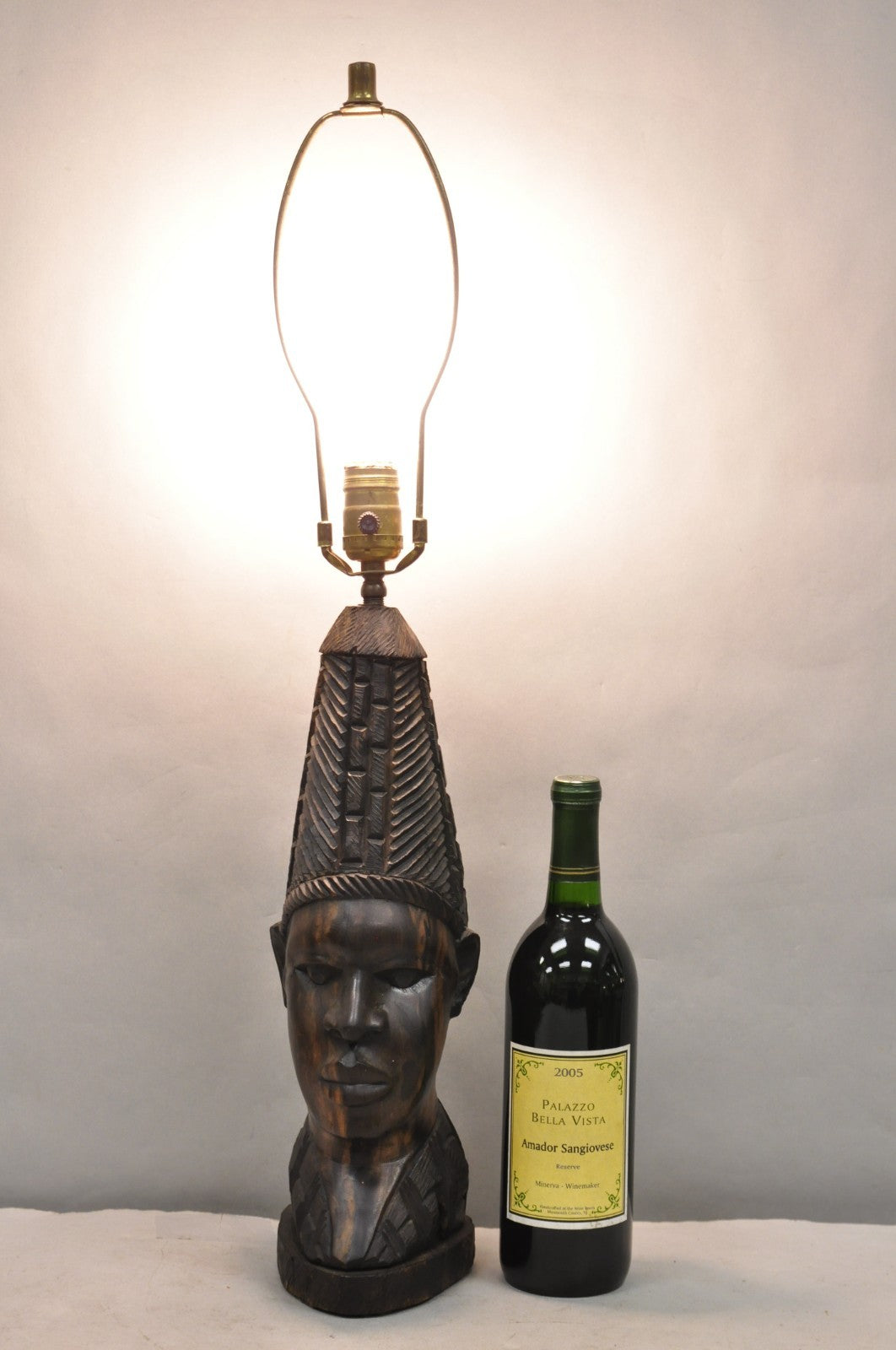 Vintage African Primitive Carved Ebony Wood Benin Bust Head Sculpture Table Lamp