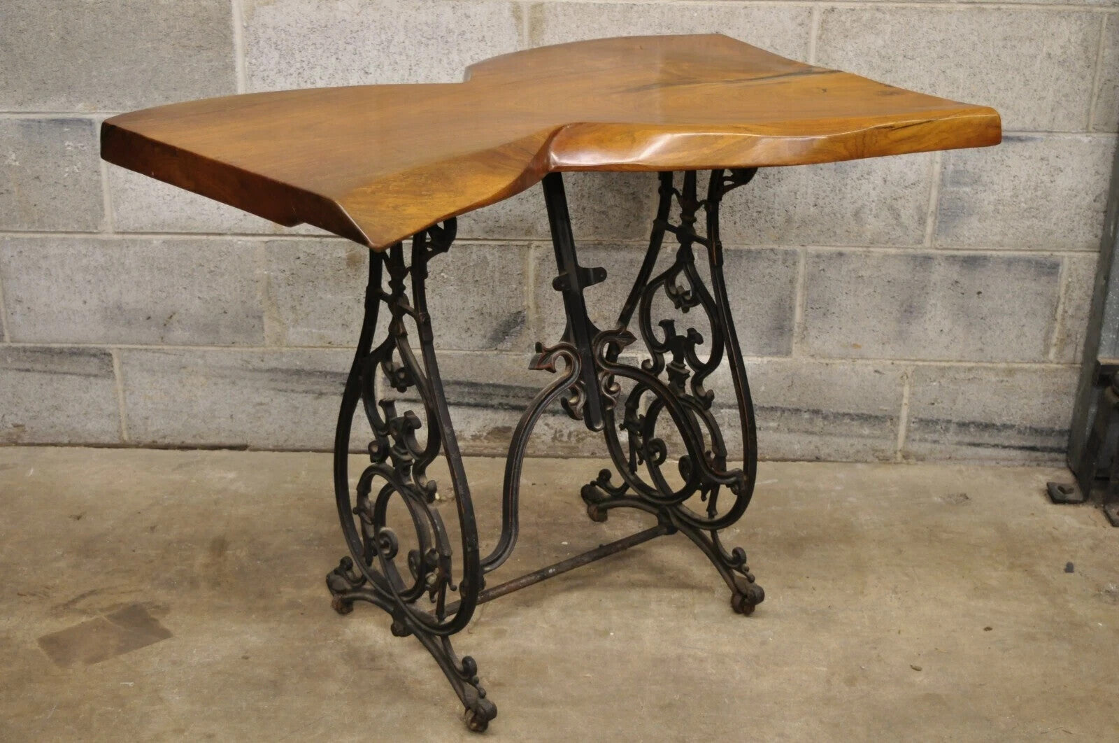William Herrick Cast Iron Sewing Machine Base Live Edge Walnut Top Console Table