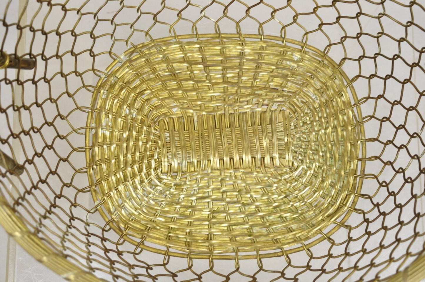 Vintage Solid Brass Wire Metal Hollywood Regency Hand Woven Basket With Handle