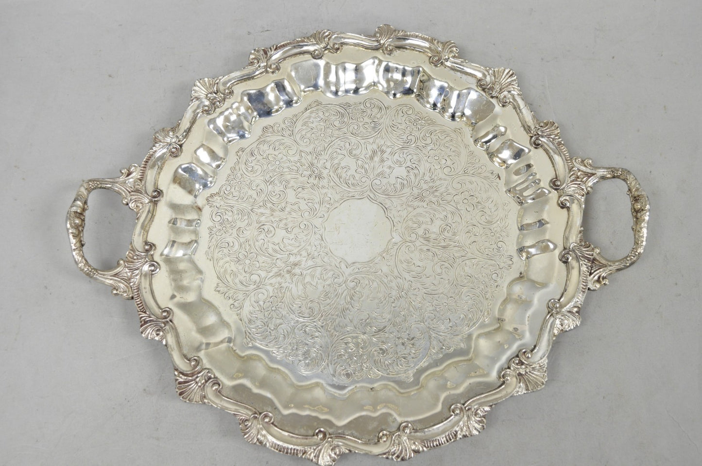 Vintage Victorian Silver Plated Round Scalloped Twin Handle Bar Serving Tray