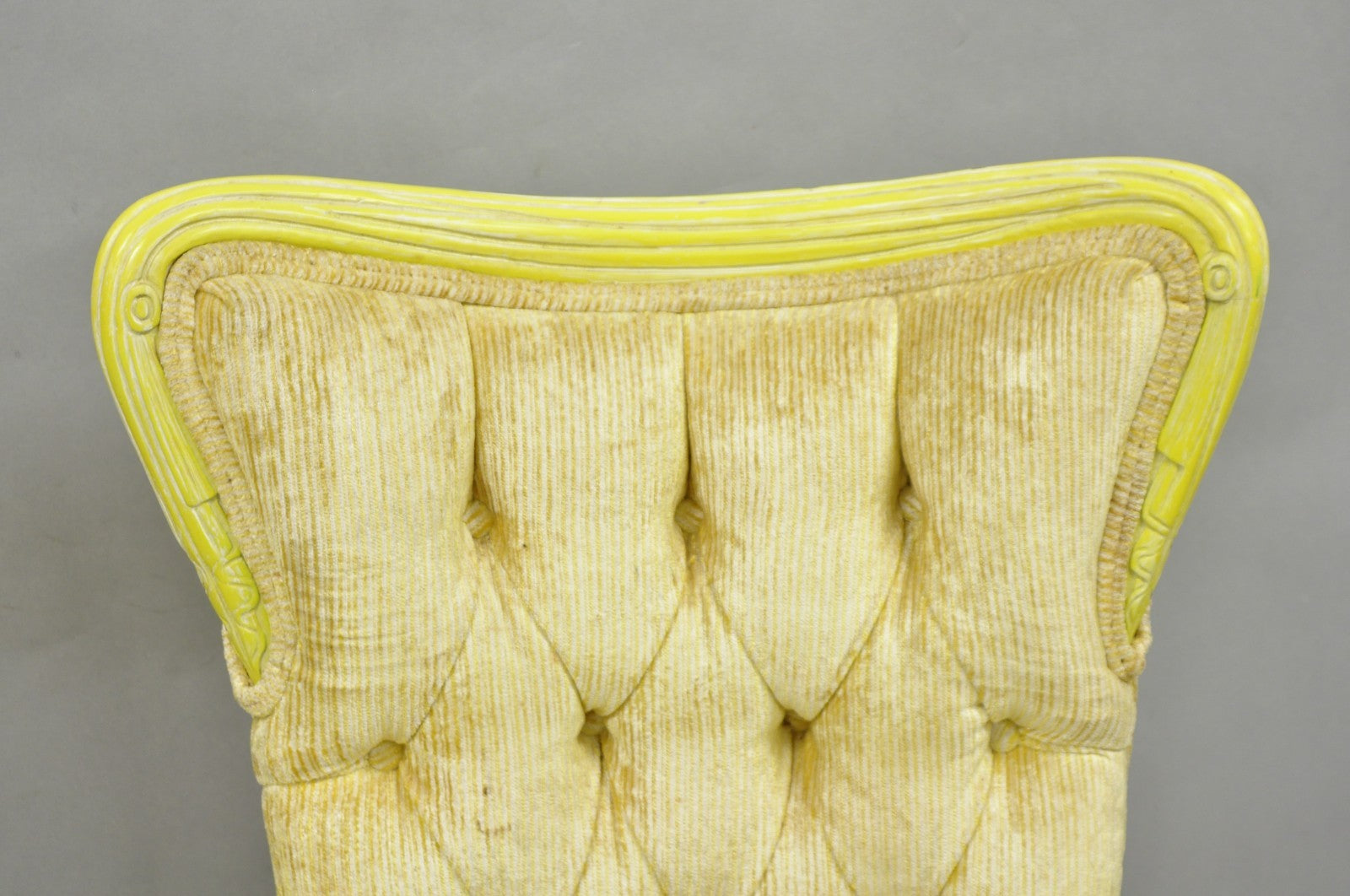 Vintage French Hollywood Regency Yellow Tufted Drape Carved Side Chairs - a Pair