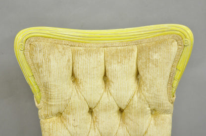 Vintage French Hollywood Regency Yellow Tufted Drape Carved Side Chairs - a Pair