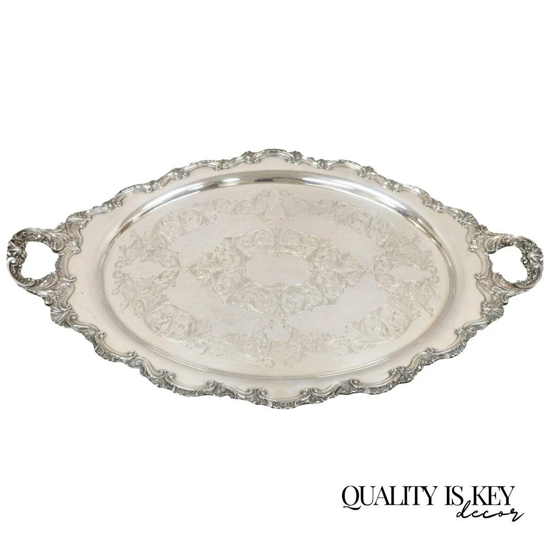 Antique English Victorian Silver Plated Large Oval Serving Platter Bar Tray