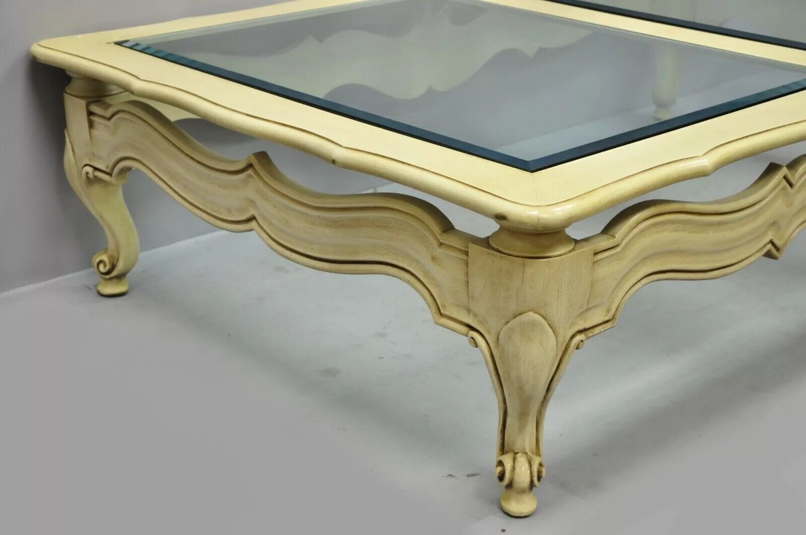Vintage French Provincial Style Beveled Glass Cream Painted Large Coffee Table