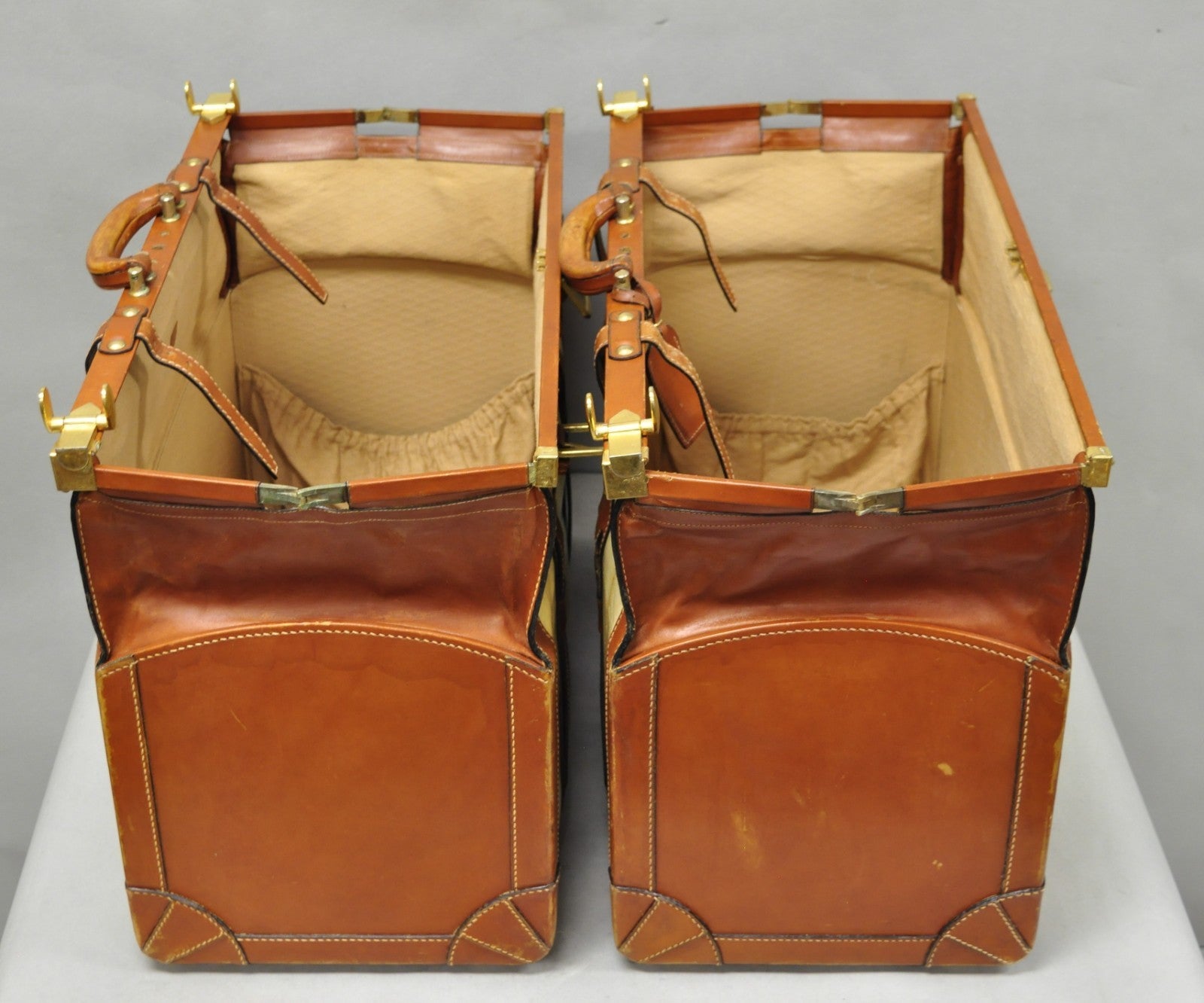 Vintage Dinoffer NY Italian Brown Leather & Vellum Parchment Gladstone Bag, Pair
