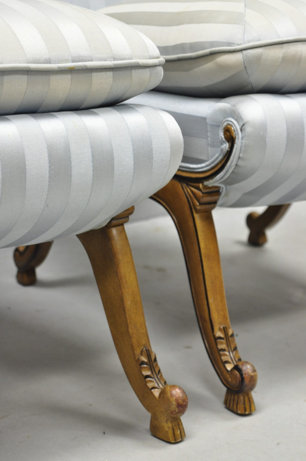 French Hollywood Regency Carved Walnut Rolled Back Slipper Lounge Chair - a Pair