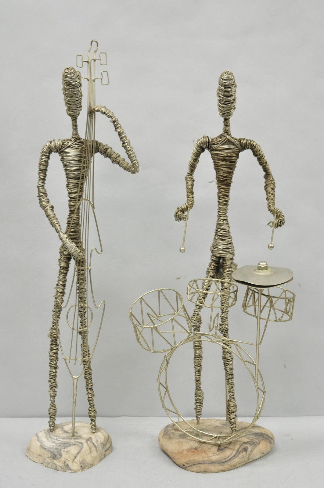 Vintage Mid Century Modern Brutalist Wire Musician Band Figure Sculpture - 2 Pc