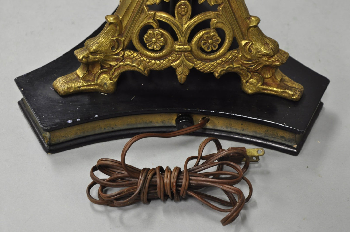 Antique French Renaissance Gothic Figural Brass Candlestick Column Table Lamp