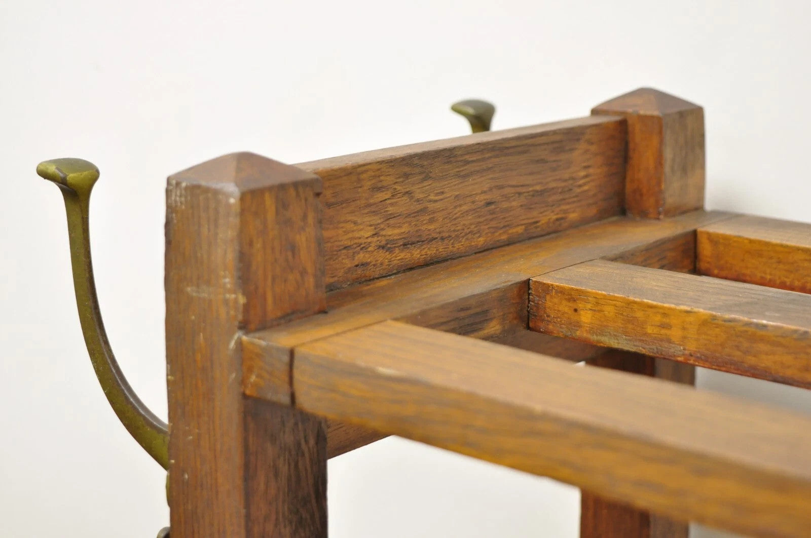 Antique Mission Arts & Crafts Oak Wood Coat Hook Hall Tree Umbrella Stand