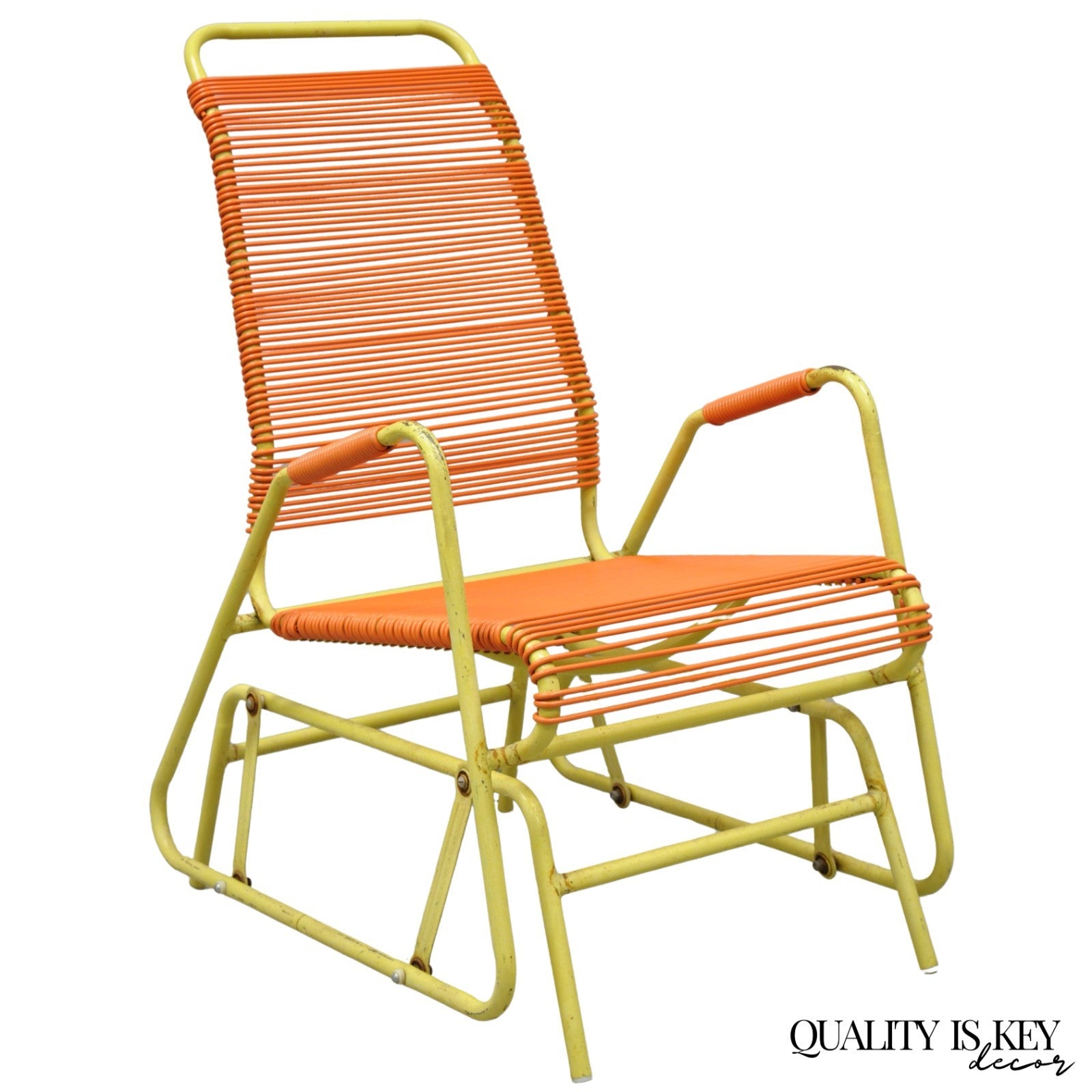 Vintage Mid Century Modern Orange Vinyl Spaghetti Strap Glider Lounge Chair