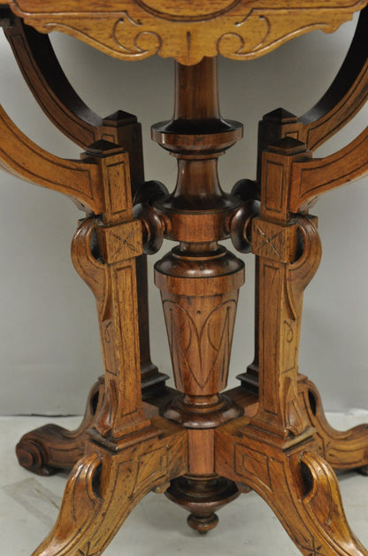 Antique Eastlake Victorian Carved Walnut Marble Top Parlor Lamp Side Table