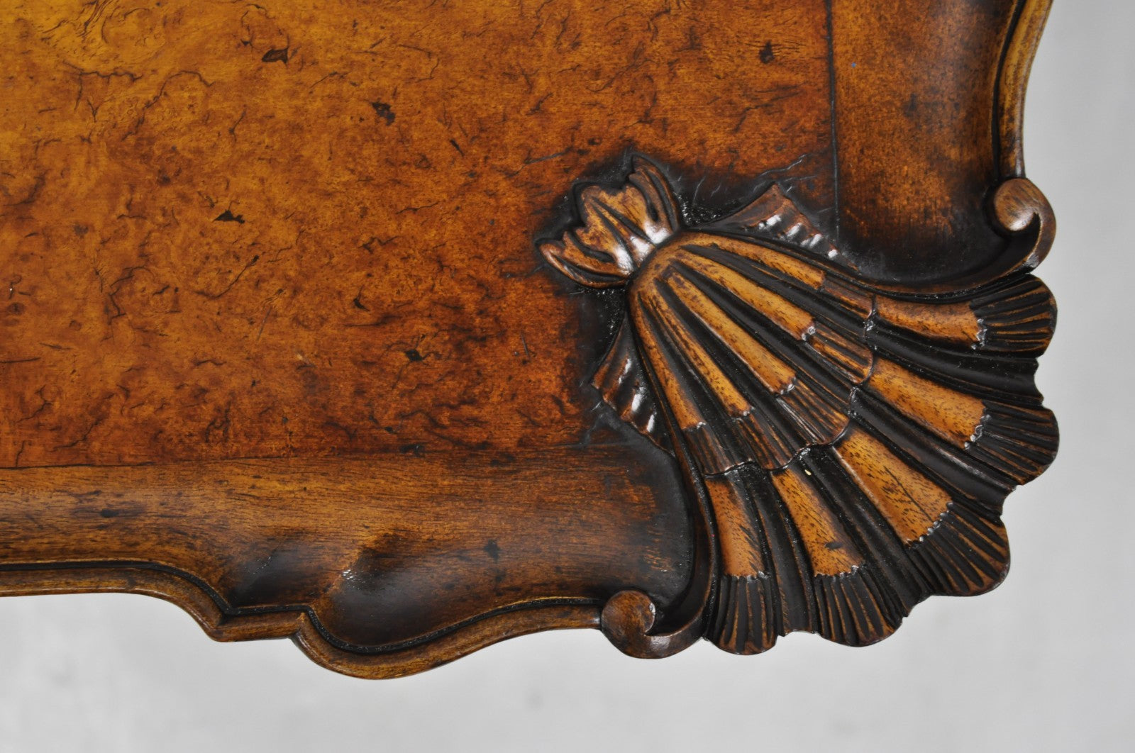 Antique English Georgian Style Burl Walnut Shell Carved Scalloped Coffee Table