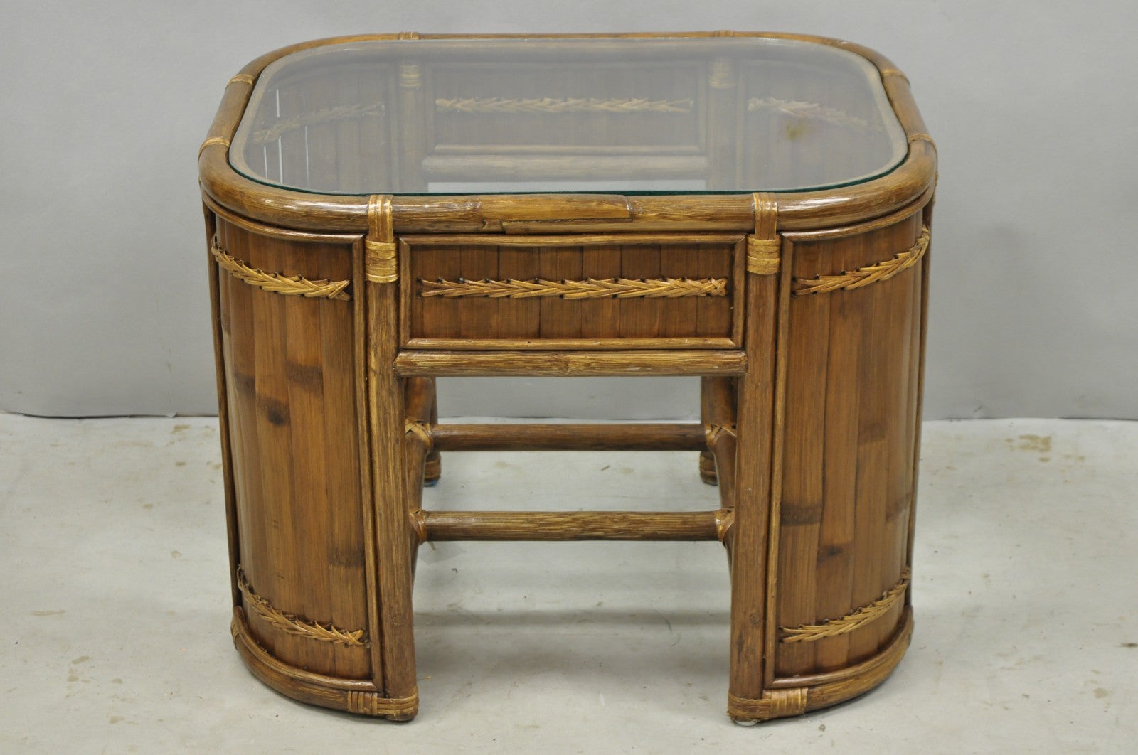 Vintage Hollywood Regency Bentwood Rattan Glass Top Beach House Side Table