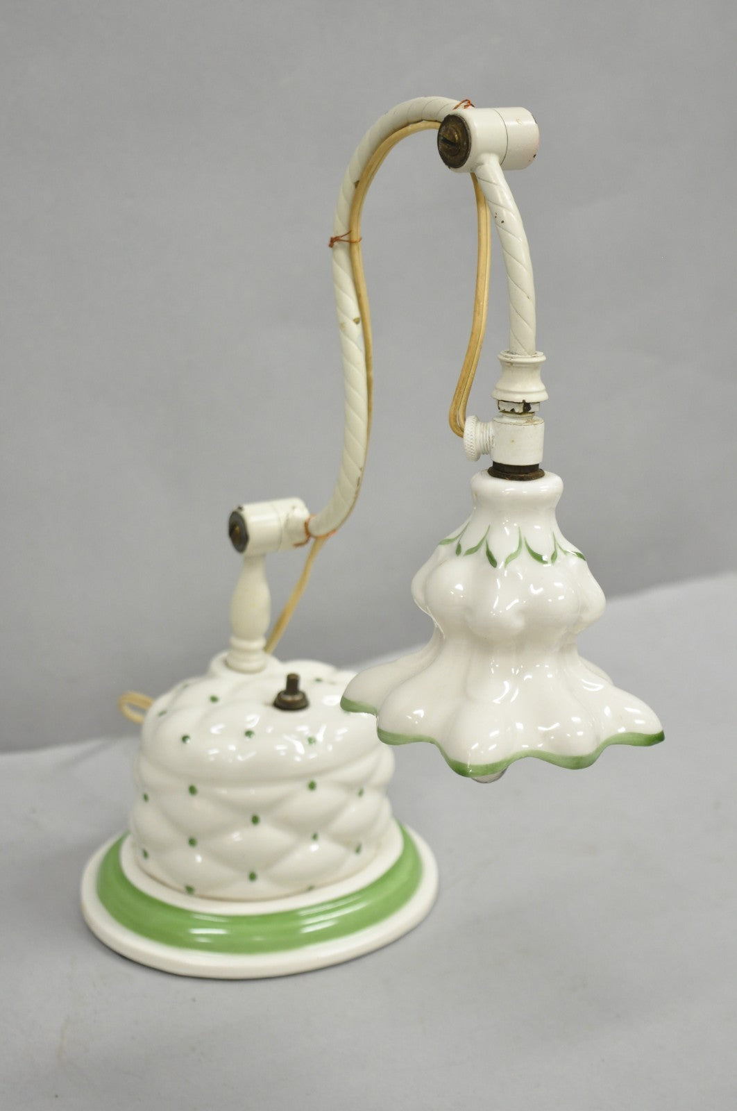 Antique French Art Deco Quilted Porcelain Small Adjustable Boudoir Bedside Lamp