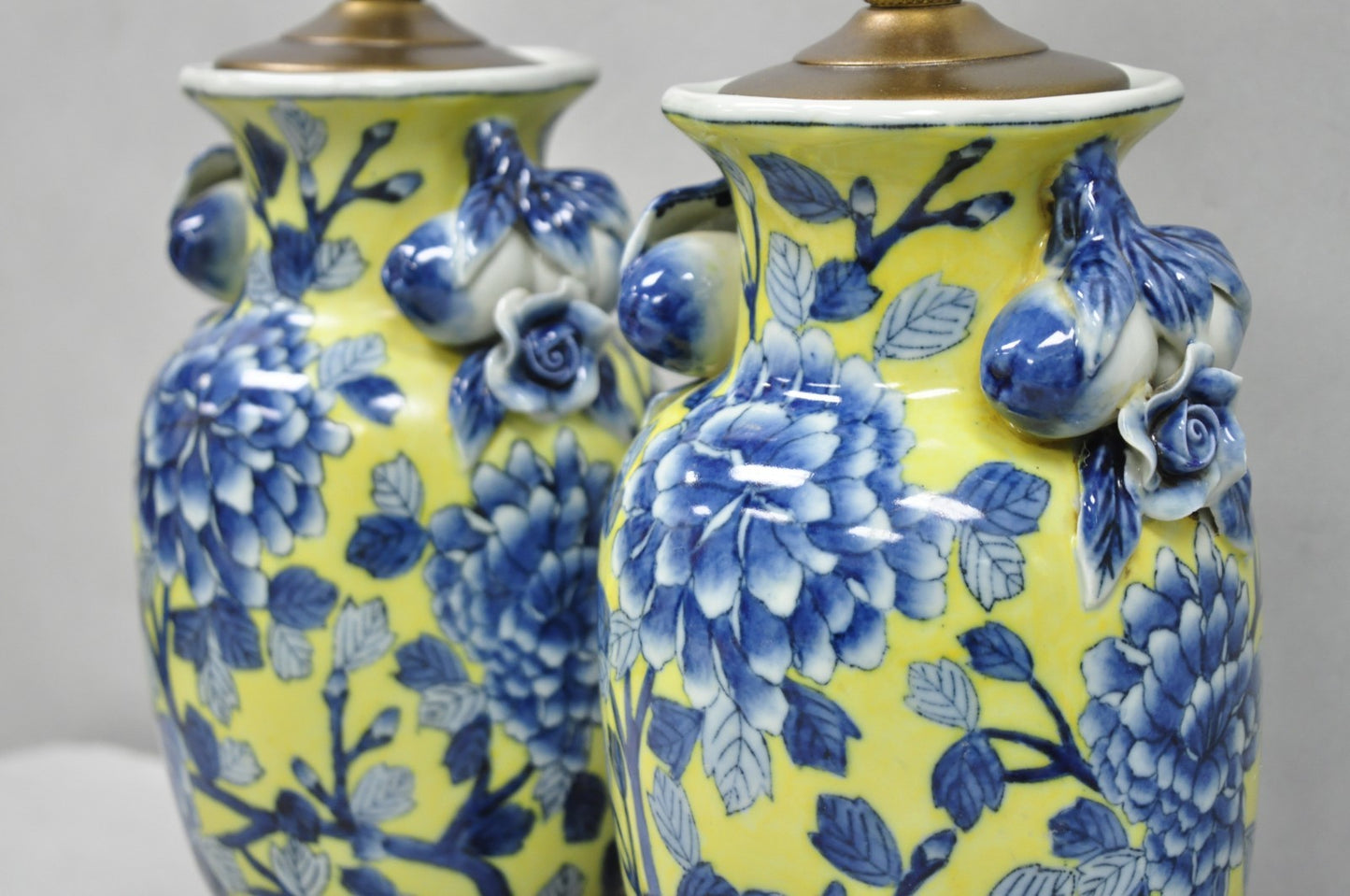 Vintage Chinoiserie Chinese Blue & Yellow Flower Small Porcelain Table Lamp Pair