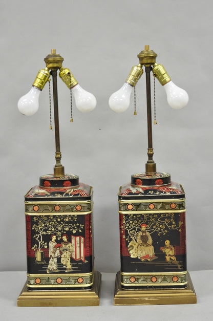 Vintage Chinoiserie Tole Metal Square English Tea Canister Table Lamps - a Pair