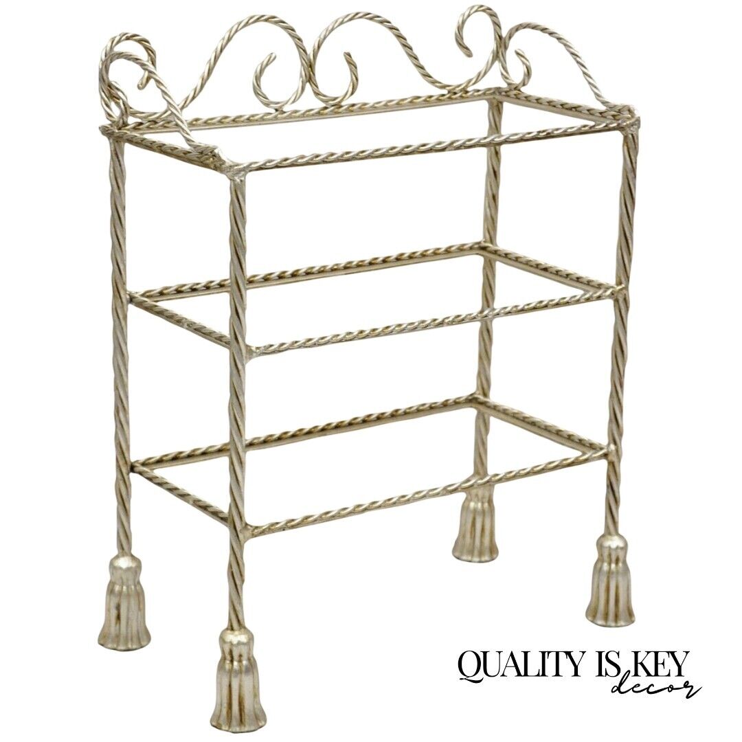 Italian Hollywood Regency Silver Leaf Gilt Iron 3 Tier Shelf Small Display Stand