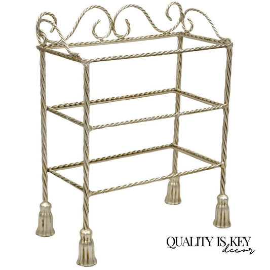 Italian Hollywood Regency Silver Leaf Gilt Iron 3 Tier Shelf Small Display Stand