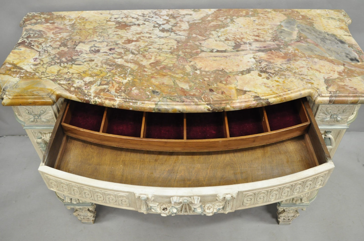 French Renaissance White Blue Painted Figural Carved Marble Top Buffet Commode