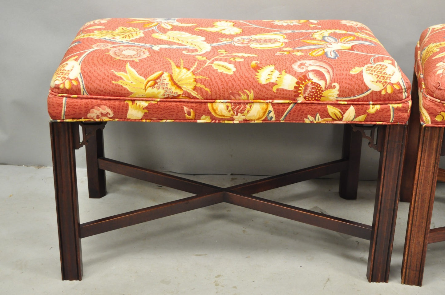 Vintage Chinese Chippendale Style Carved Mahogany Fretwork Bench Stool - Pair
