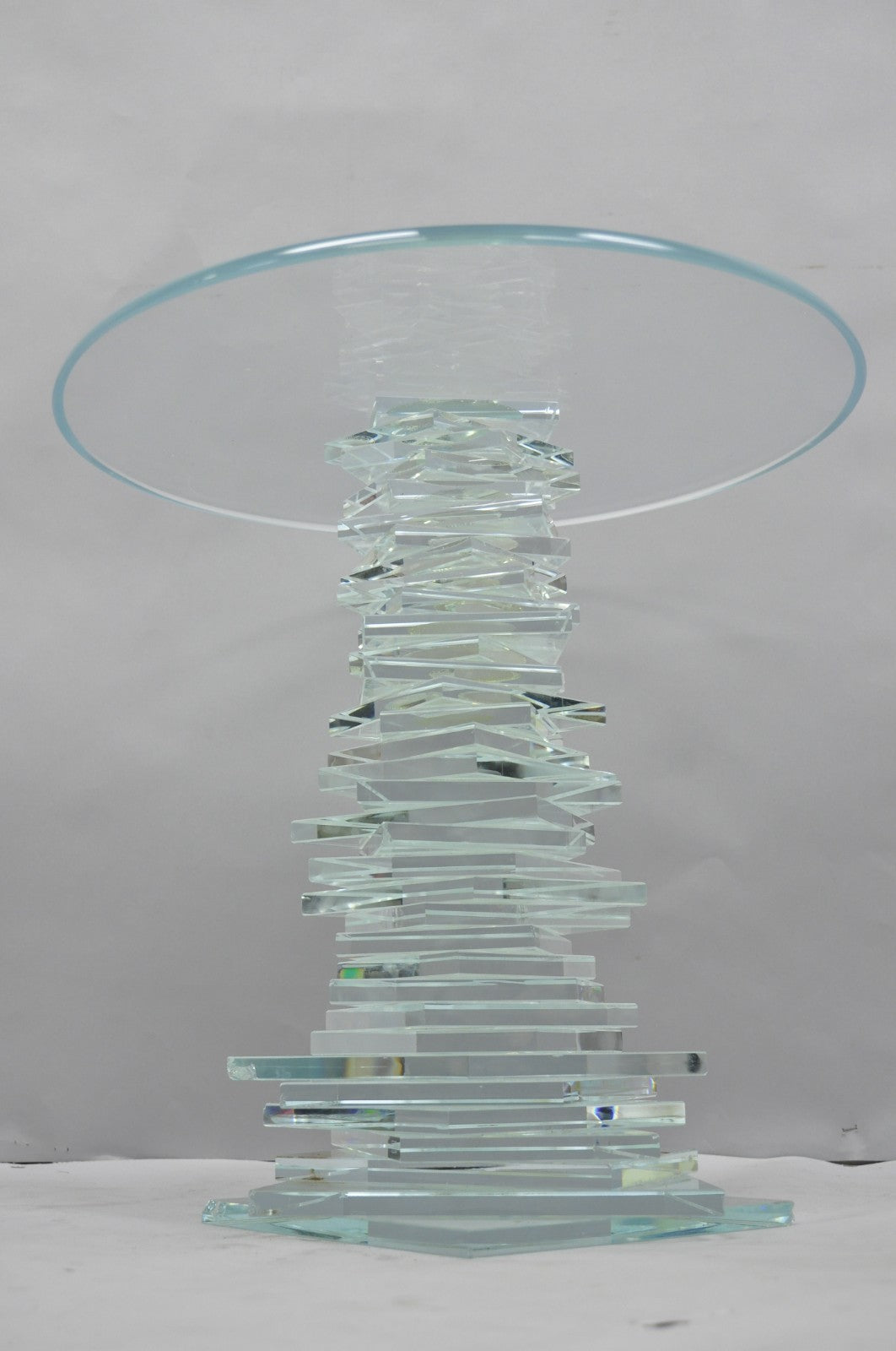 Vintage Mid Century Modern Stacked Glass Skyscraper Round Accent Side Table