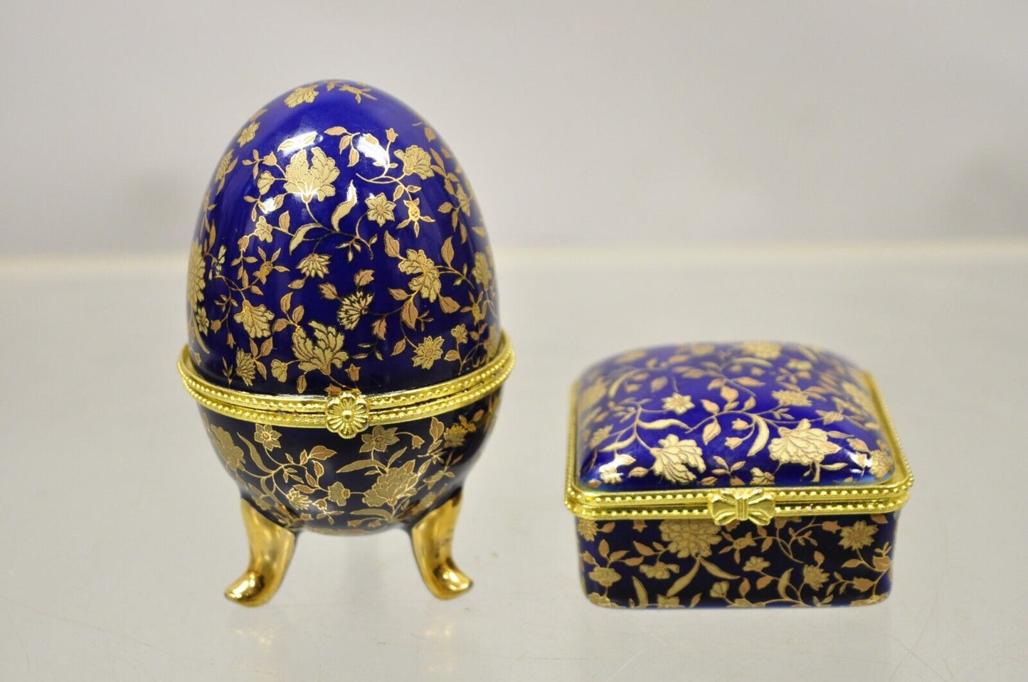 Cobalt Blue Porcelain Egg Gold Gilt Hinged Lid Candle Trinket Box - 2 Pcs