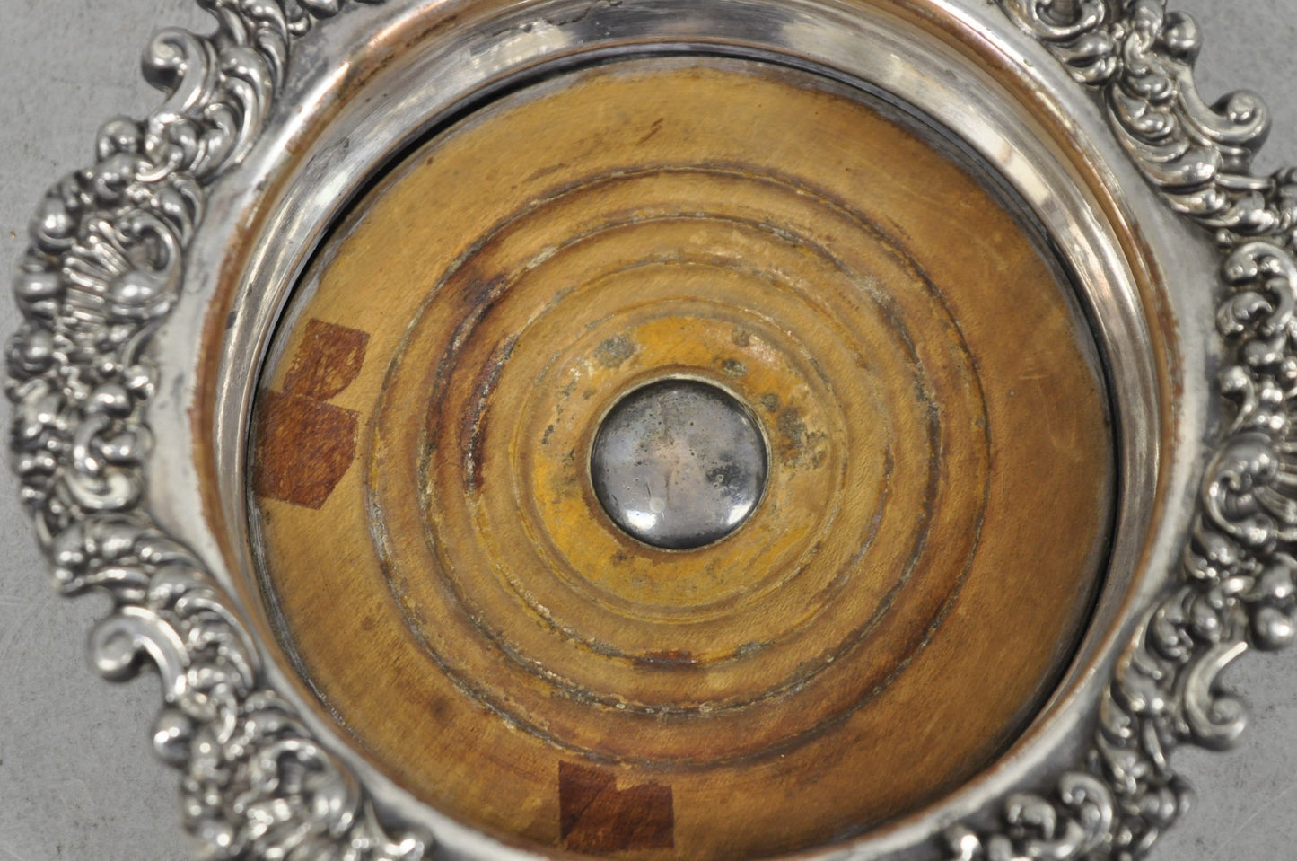 Antique English Victorian Silver Plated Floral Mahogany Bar Wine Bottle Coaster