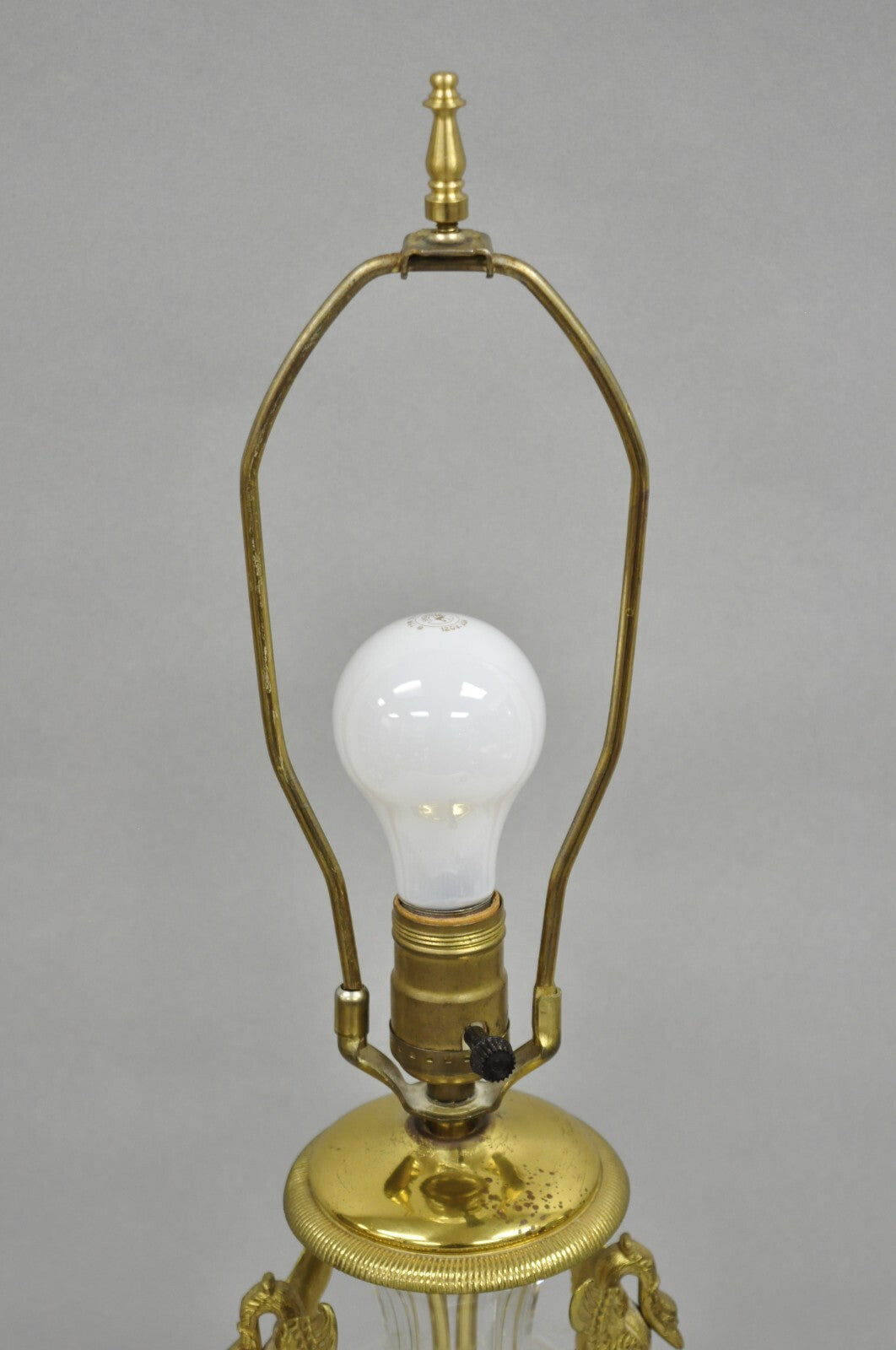 French Empire Regency Baccarat Style Glass Crystal Urn Table Lamp w/ Brass Swans