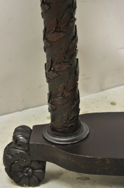 Antique American Empire Floral Spiral Carved Mahogany Round Center Side Table