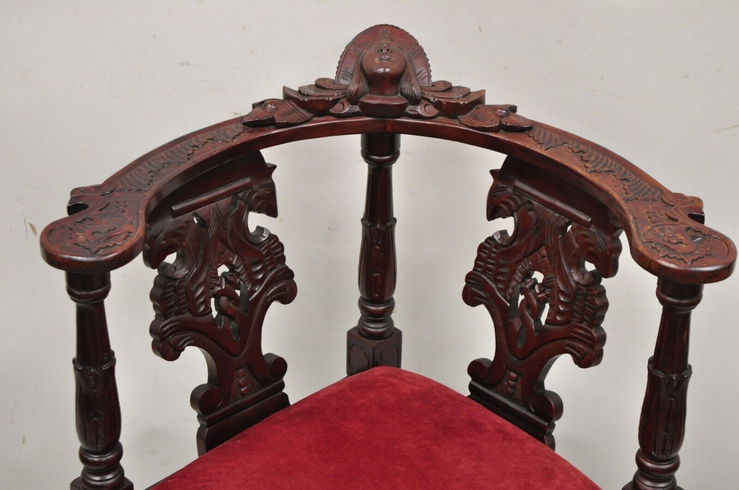 Renaissance Style Mahogany Corner Chair Side Chair with Carved Face