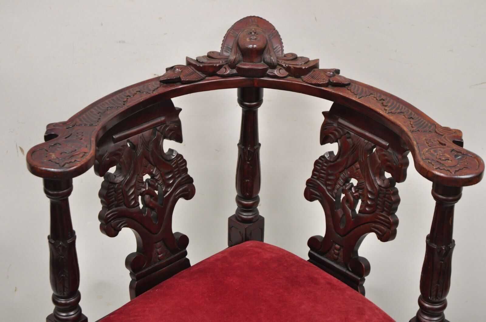Renaissance Style Mahogany Corner Chair Side Chair with Carved Face