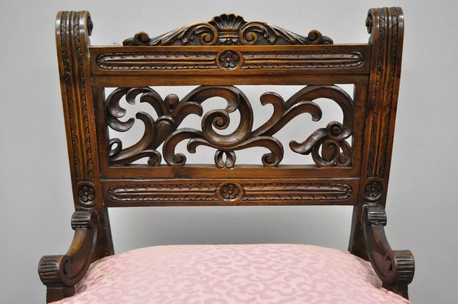 Antique Italian Renaissance Carved Walnut Northwind Face Curule Side Chair