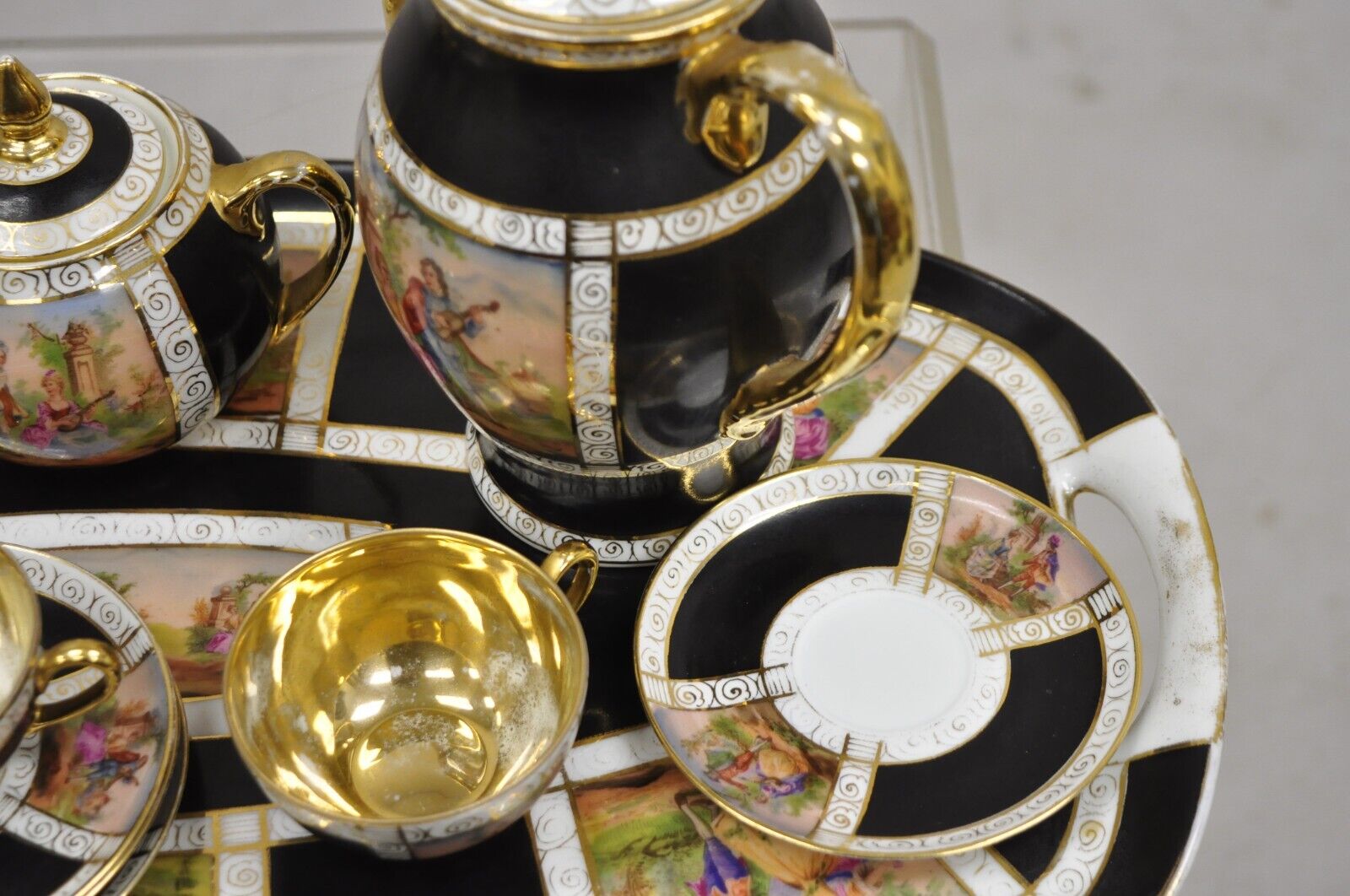 Royal Vienna Style Bohemia Czecho-Slovakia Black Porcelain Tea Set - 12 pcs