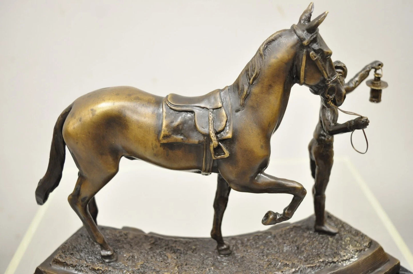 Delaware Park Bronze Equestrian Rider Jockey Leading Race Horse Lantern Statue