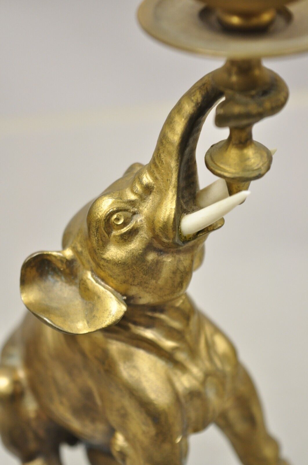 Vintage Gilded Brass Bronze Figural Elephant Small Candlesticks - a Pair