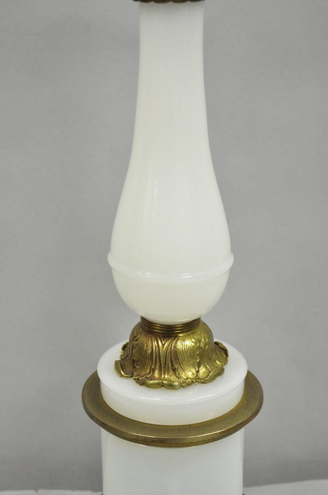 Vintage French Neoclassical Style White Opaline Glass Column Brass Table Lamp