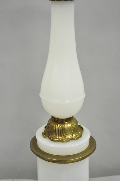 Vintage French Neoclassical Style White Opaline Glass Column Brass Table Lamp