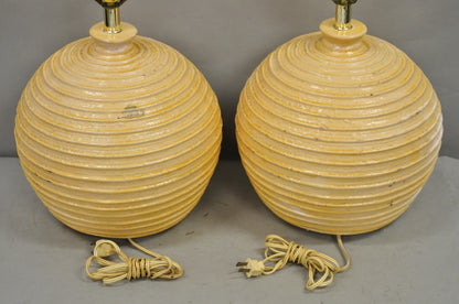 Vintage Mid Century Modern Lacquered Fiberglass Round Beehive Table Lamps - Pair