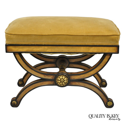 Vintage Italian Regency Style Curule Carved Walnut Upholstered X-Bench Stool