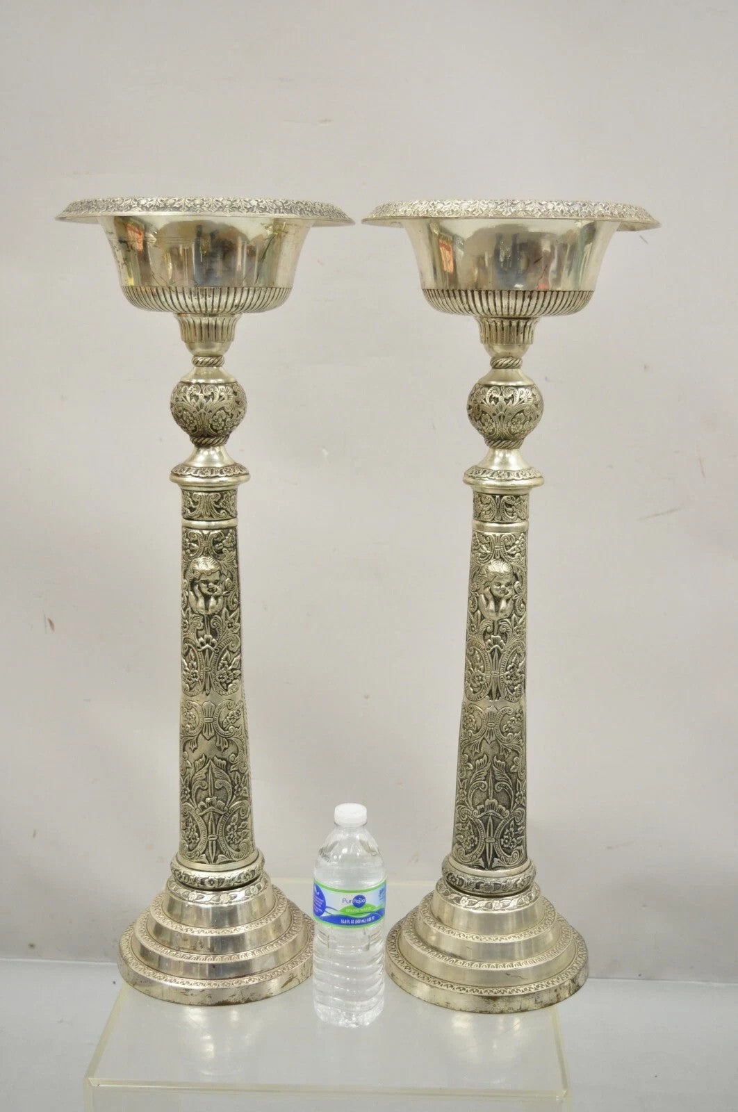 French Renaissance Silver Plated Tall Ornate Compote Centerpiece Dish Bowl Pair
