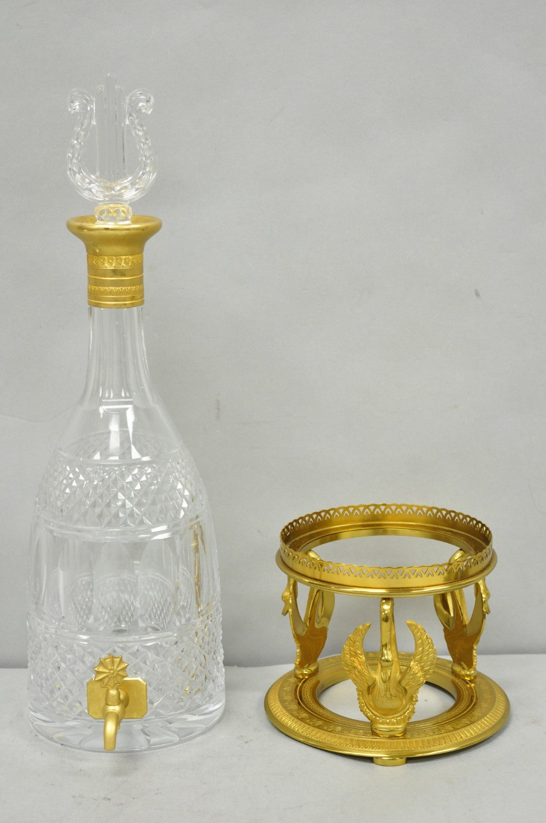Vintage French Baccarat Style Bronze Swan & Cut Crystal Glass Liquor Decanter