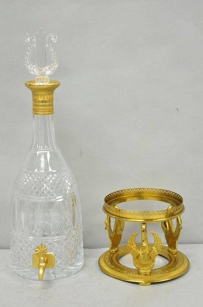 Vintage French Baccarat Style Bronze Swan & Cut Crystal Glass Liquor Decanter