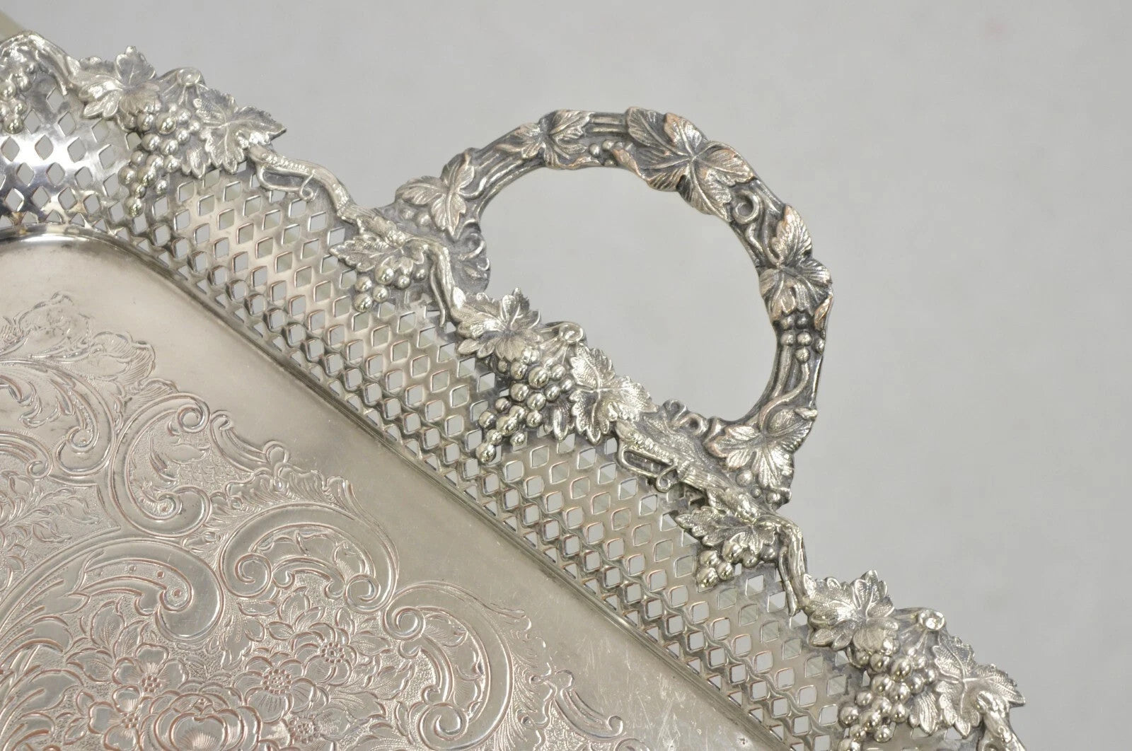 Antique Victorian Silver Plated Grapevine Repousse Platter Bar Tray w/ Monogram