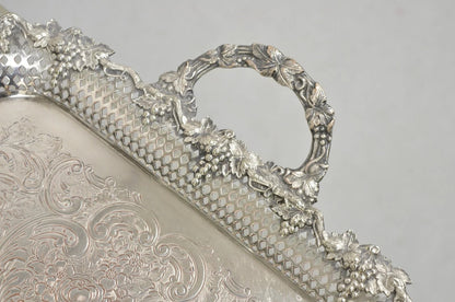 Antique Victorian Silver Plated Grapevine Repousse Platter Bar Tray w/ Monogram